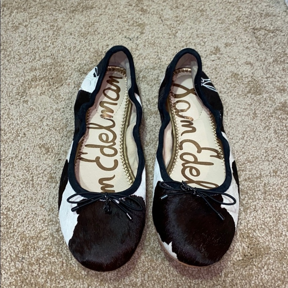 Cow hide and print ballerina flats